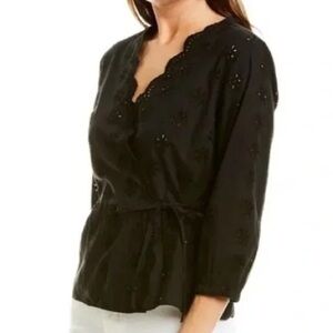 Madewell - Black Scalloped Eyelet Wrap Long Sleeve Blouse Size Small Petite